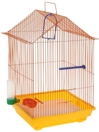Клетка для птиц "ЗооМарк", цвет: желтый поддон, оранжевая решетка, 34 x 28 х 54 см