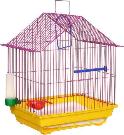 Клетка для птиц "ЗооМарк", цвет: желтый поддон, фиолетовая решетка, 39 х 28 х 42 см