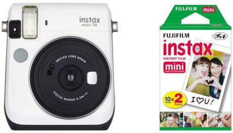 Fujifilm Instax Mini 70, White фотокамера мгновенной печати + Colorfilm Instax Mini (10/2PK) картридж