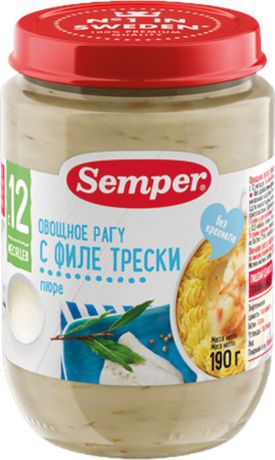 Semper пюре овощное рагу с филе трески, с 12 месяцев, 190 г