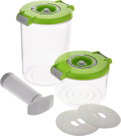 Набор вакуумных контейнеров "Status", цвет: прозрачный, зеленый, 2 шт + ПОДАРОК: Вакуумный ручной насос