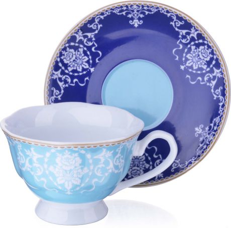 Чайная пара Loraine, цвет: голубой, красный, белый, 220 мл, 2 предмета. у4121