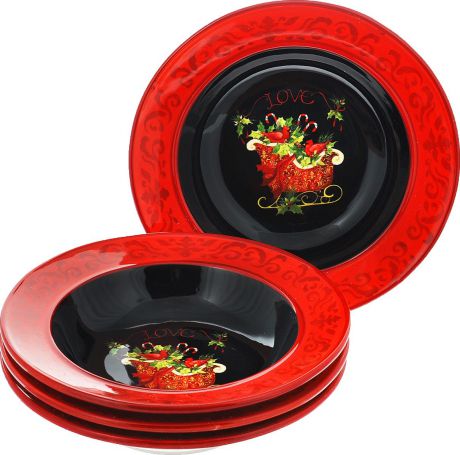 Набор суповых тарелок Certified International "Винтаж новогодний", диаметр 22 см, 4 шт
