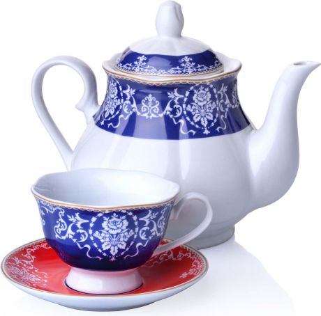 Сервиз чайный Loraine, цвет: синий, красный, белый, 13 предметов