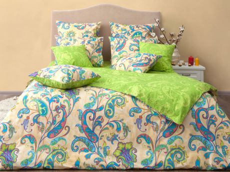 Комплект постельного белья Хлопковый Край "Кемер", семейный, наволочки 70x70, цвет: лайм
