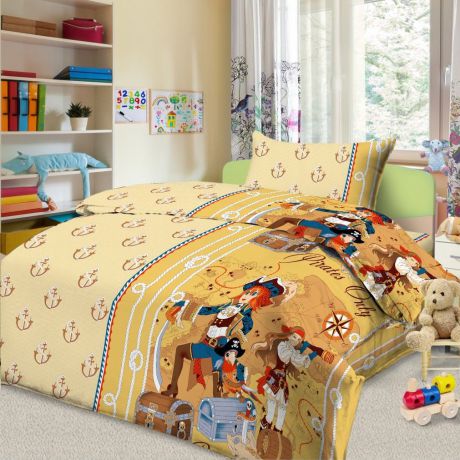 Комплект постельного белья детский Letto "Пираты", 1,5-спальный, наволочка 50х70, цвет: бежевый