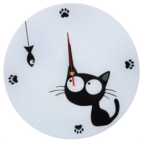 Часы настенные "Котенок с рыбкой", стеклянные, цвет: черный, белый. 95547