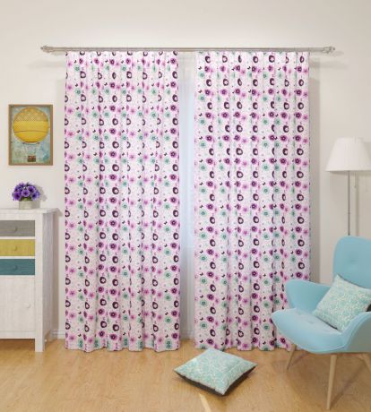 Комплект штор для детской Сирень "Сиреневые цветочки", на ленте, 290 х 260 см