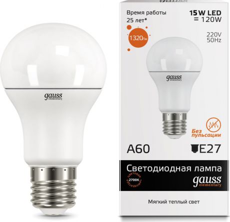 Лампа светодиодная Gauss "LED Elementary", A60, 15W, E27, 3000K, 1/10/50