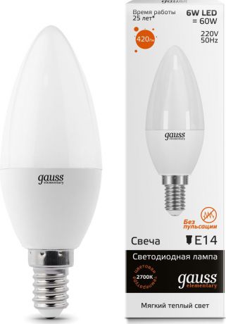 Лампа светодиодная Gauss "LED Elementary", Candle, 6W, E14, 3000K, 1/10/100