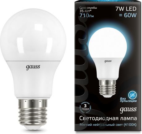 Лампа светодиодная Gauss "LED", A60, E27, 7W, 4100K, 1/10/40