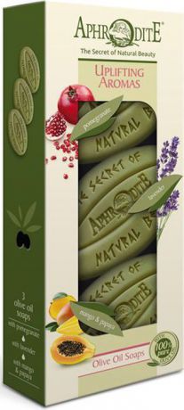 Aphrodite Набор мыла оливкового "Бодрящие ароматы": с гранатом, лавандой, с манго и папайей, 3 х 75 г