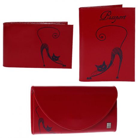 Подарочный набор Befler "Изящная Кошка": обложка для паспорта, портмоне, визитница, цвет: красный. O.31/PJ.66/V.37.-1