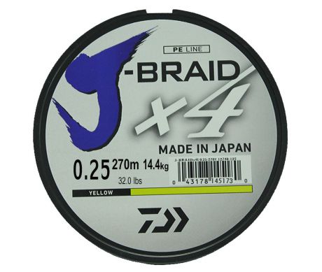 Леска плетеная Daiwa "J-Braid X4", цвет: флуоресцентный желтый, 270 м, 0,25 мм