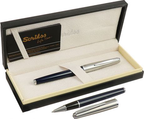 Ручка-роллер подарочная шариковая Scrikss Metropolis 78, 3794771, в футляре, корпус серебристый, черный