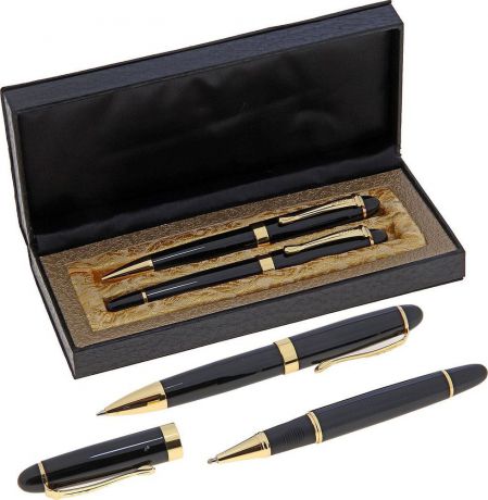 Набор подарочных ручек Calligrata "Бизнес", 714148, в футляре, корпус золотой, черный, 2 шт
