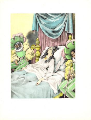 Сцена из сказки "Спящая красавица". Литография, пошуар. Франция, Париж, 1946 год