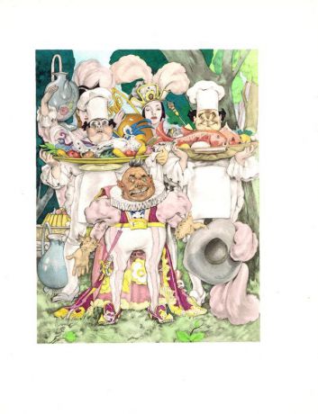 Подача банкетных блюд. Сцена из сказки Шарля Перро. Литография, пошуар. Франция, Париж, 1946 год