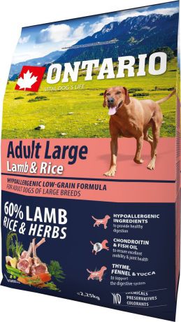 Корм сухой Ontario "Adult Large" для собак крупных пород, с ягненком, индейкой и рисом, 2,25 кг