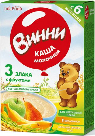 Винни каша 3 злака с фруктами молочная, с 6 месяцев, 200 г