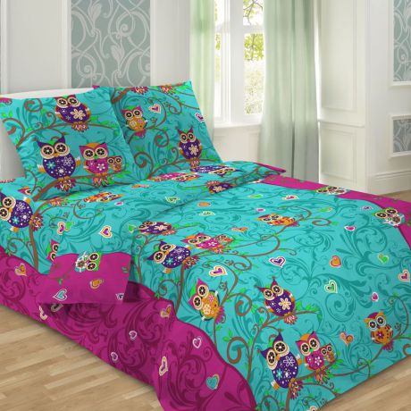 Комплект детского постельного белья Letto "Сова", 1,5 спальный, наволочка 50 x 70 см, цвет: бирюзовый, розовый