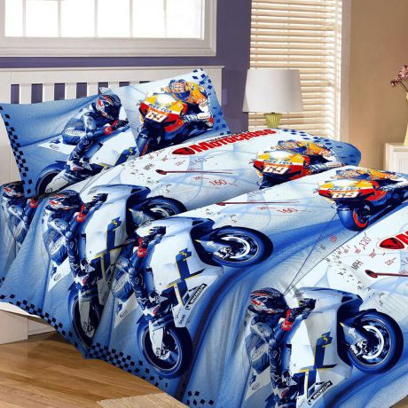 Комплект детского постельного белья Letto "Мотокросс", 1,5-спальный, наволочка 50x70, цвет: синий