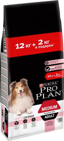 Корм сухой Pro Plan для взрослых собак средних пород, с комплексом Optiderma, с лососем, 12 кг + 2 кг