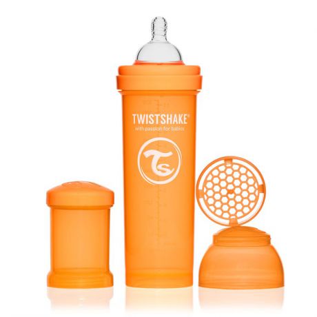 Twistshake Бутылочка для кормления 330 мл с контейнером для сухой смеси и соской 4+, оранжевая