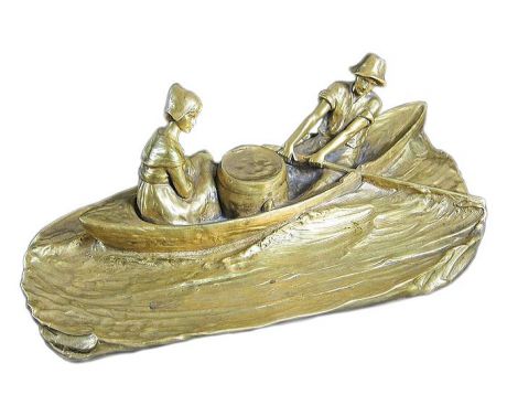 Скульптура ИП Башмаков П.А. - чернильница (письменный набор) "Лодка любви". Скульптор Петр Терещук. Бронза, золотая патина, литье. Австрия, около 1900 года