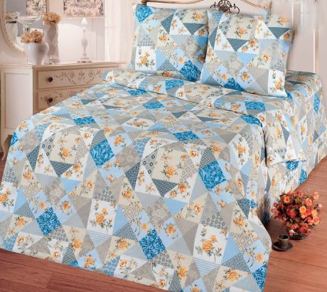 Комплект постельного белья Арт Постель Арт Премиум из бязи, Лоскутная мозаика голубая, размер: 1.5
