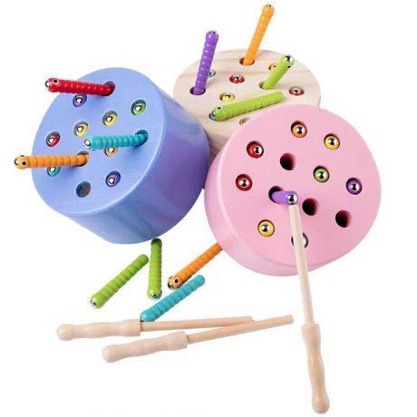 Развивающая игрушка BeeZee Toys Магнитная рыбалка "Поймай червячка", игра для малышей, круг, голубые разноцветный