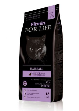 Корм сухой FITMIN cat For Life Hairball корм для взрослых длинношерстных кошек, 1,8 кг