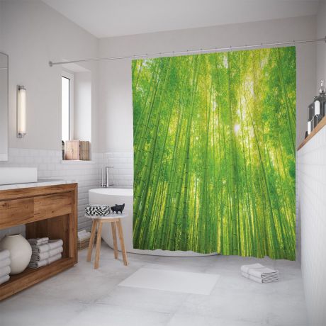 Штора (занавеска) для ванной "Бескрайний бамбуковый лес" из ткани, 180х200 см с крючками