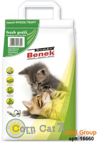 Наполнитель для кошачьего туалета Super Benek Corn Cat, кукурузный, комкующийся, свежая трава, 7 л