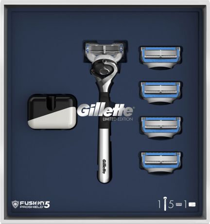 Подарочный набор Gillette Fusion5 ProShield Chill: Бритва, 5 сменных кассет, Подставка
