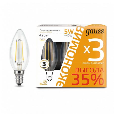 Лампа светодиодная филаментная E14 5W 2700К прозрачная 103801105T