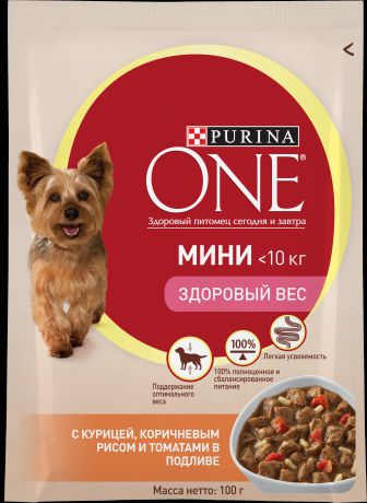 Паучи Purina One Мини Здоровый вес для собак мелких пород, склонных к избыточному весу 100 г (100 г, Индейка, морковь, горох)