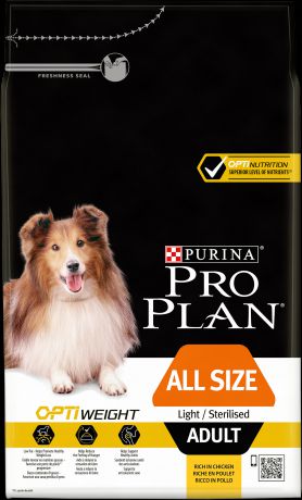 Сухой корм Pro Plan All Size Adult Light/Sterilised для взрослых собак всех пород, склонных к избыточному весу/стерилизованных (3 кг, Курица и рис)