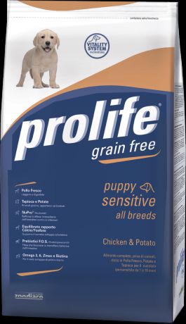 Беззерновой сухой корм Prolife Grain Free Puppy Sensitive All Breeds Chicken and Potato с Курицей и Картофелем для гиперчувствительных щенков (12 кг, Курица и картофель)