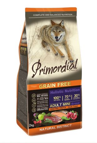 Сухой корм Primordial Grain Free Adult Mini беззерновой для собак мелких пород (2 кг, Форель и утка)