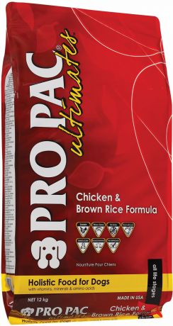 Сухой корм Pro Pac Ultimates Chicken&Brown Rice с курицей и коричневым рисом для взрослых собак всех пород (12 кг, Курица и рис)
