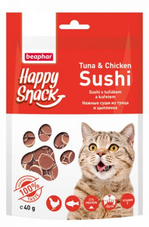 Лакомство Beaphar Happy Snack Tuna & Chicken Sushi Нежные суши из тунца и цыпленка для кошек (40 г, Курица и тунец)