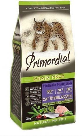 Сухой корм Primordial Grain Free Cat Sterilizzato беззерновой для стерилизованных кошек (2 кг, Индейка и сельдь)