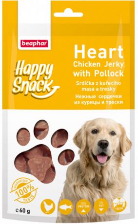 Лакомство Beaphar Happy Snack Heart Chicken Jerky with Pollock Нежные сердечки из курицы и трески для собак (60 г, Курица и треска)