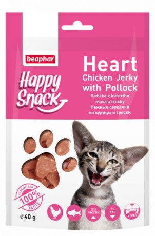 Лакомство Beaphar Happy Snack Heart Chicken Jerky with Pollock Нежные сердечки из курицы и трески для кошек (40 г, Курица и треска)