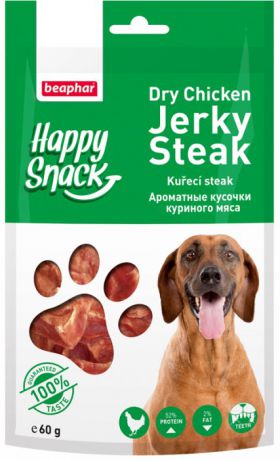 Лакомство Beaphar Happy Snack Dry Chicken Jerky Steak Ароматные кусочки куриного мяса для собак (60 г, Курица)