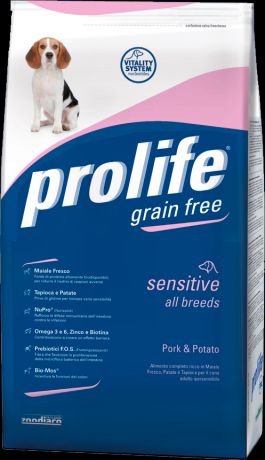 Беззерновой сухой корм Prolife Grain Free Sensitive All Breeds для взрослых гиперчувствительных собак (12 кг, Свинина и картофель)