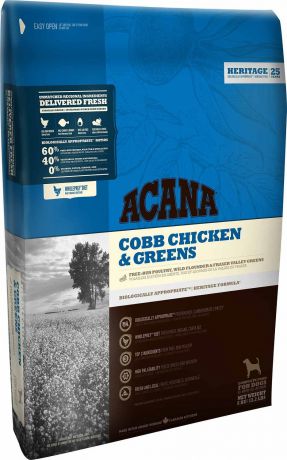 Сухой корм Acana Heritage Cobb Chicken&Greens с цыпленком и зеленью беззерновой для собак (340 г, Цыпленок и зелень)