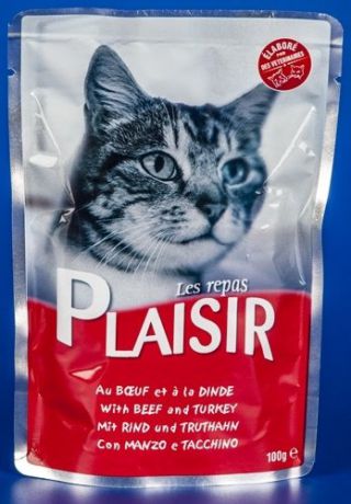 Паучи Plaisir в соусе для кошек (100 г, Рагу с говядиной и индейкой в соусе)