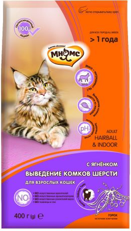 Сухой корм Мнямс Hairball&Indoor для домашних кошек для выведения комков шерсти из желудка (1,5 кг, Ягненок)